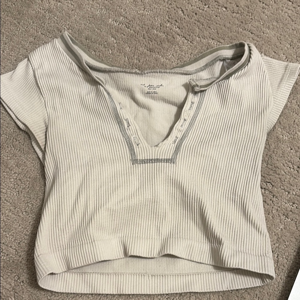 Urban Outfitters White Tan Ribbed Crop T-Shirt